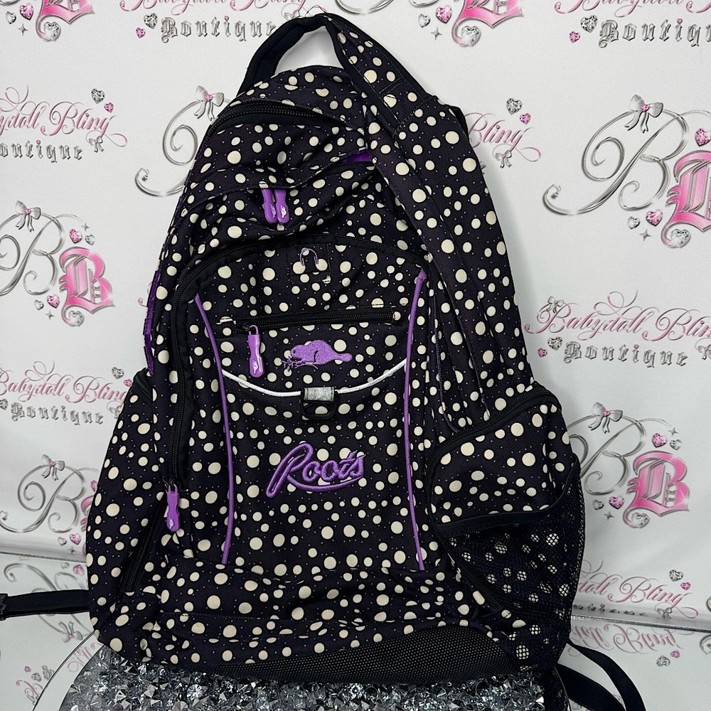 Roots backpack bag polka dot black white purple logo beaver backpacking cute